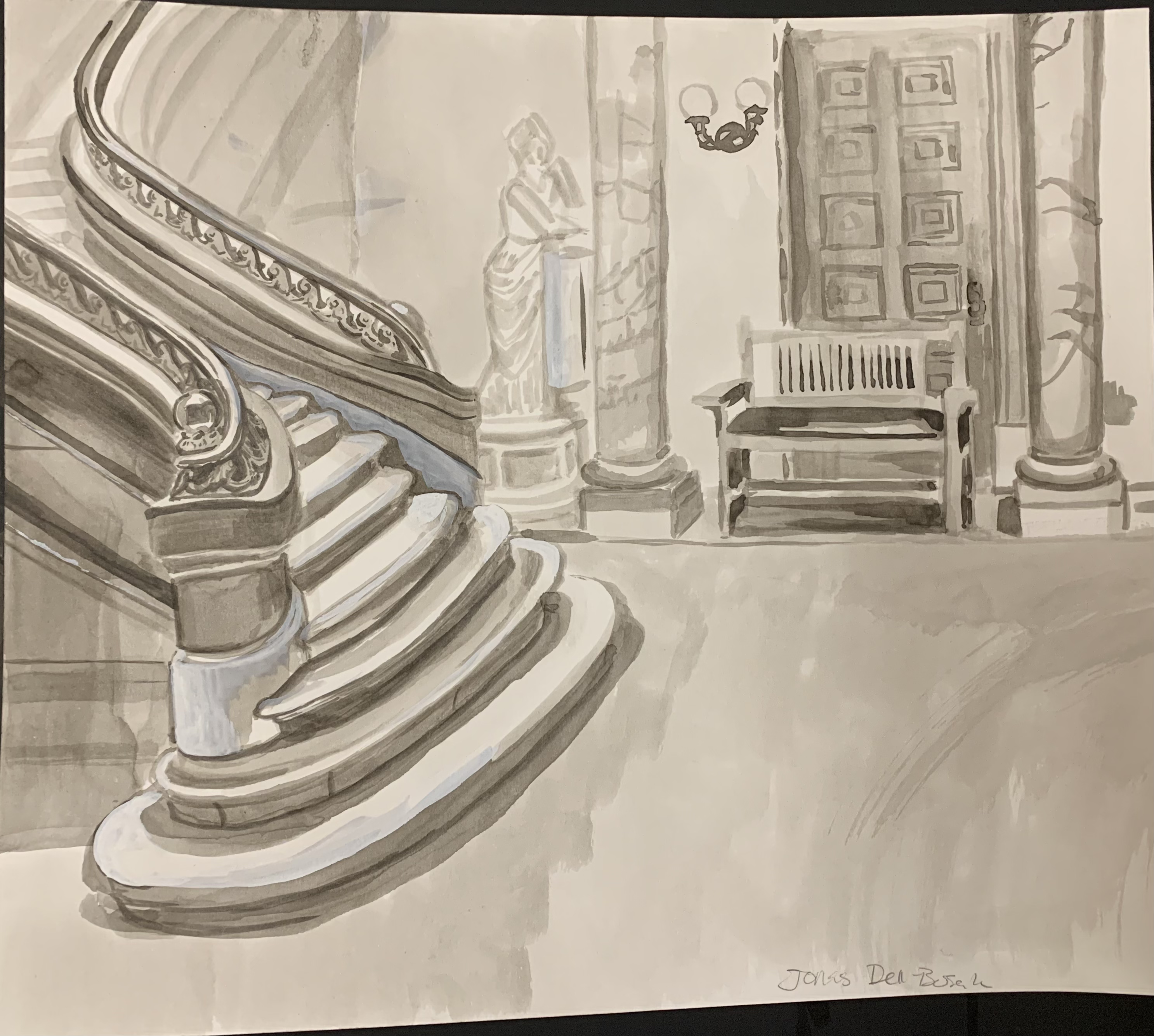 Ink wash of a grand staircase